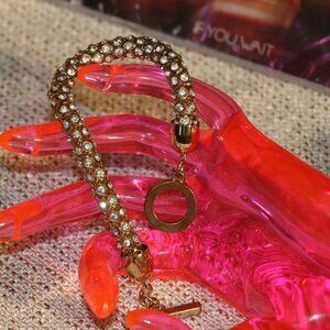 Signed Anne Klein Crystal Glass Tubular Goldtone 8" Bracelet